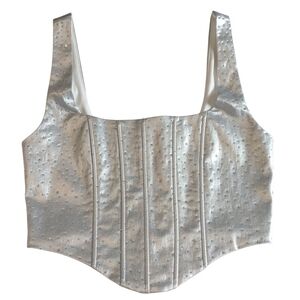Windsor Silver Rhinestone Studded Corset Bustier Zippered Sleeveless Top Size M